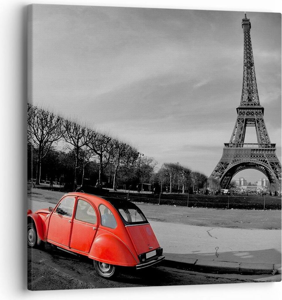 Bild auf Leinwand - Leinwandbild - Auto Eiffle Kultur Architektur - 40x40cm - Wand Bild - Wanddeko - Leinwanddruck - Bilder - Kunstdruck - Wanddeko...