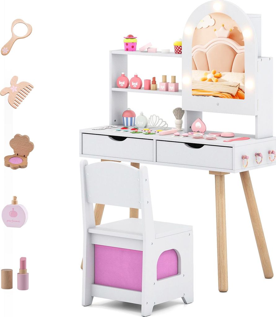 A white wooden children's vanity table with a mirror, drawers, and accessories, along with a matching chair. The vanity has LED lights around the mirror and is set against a white background.