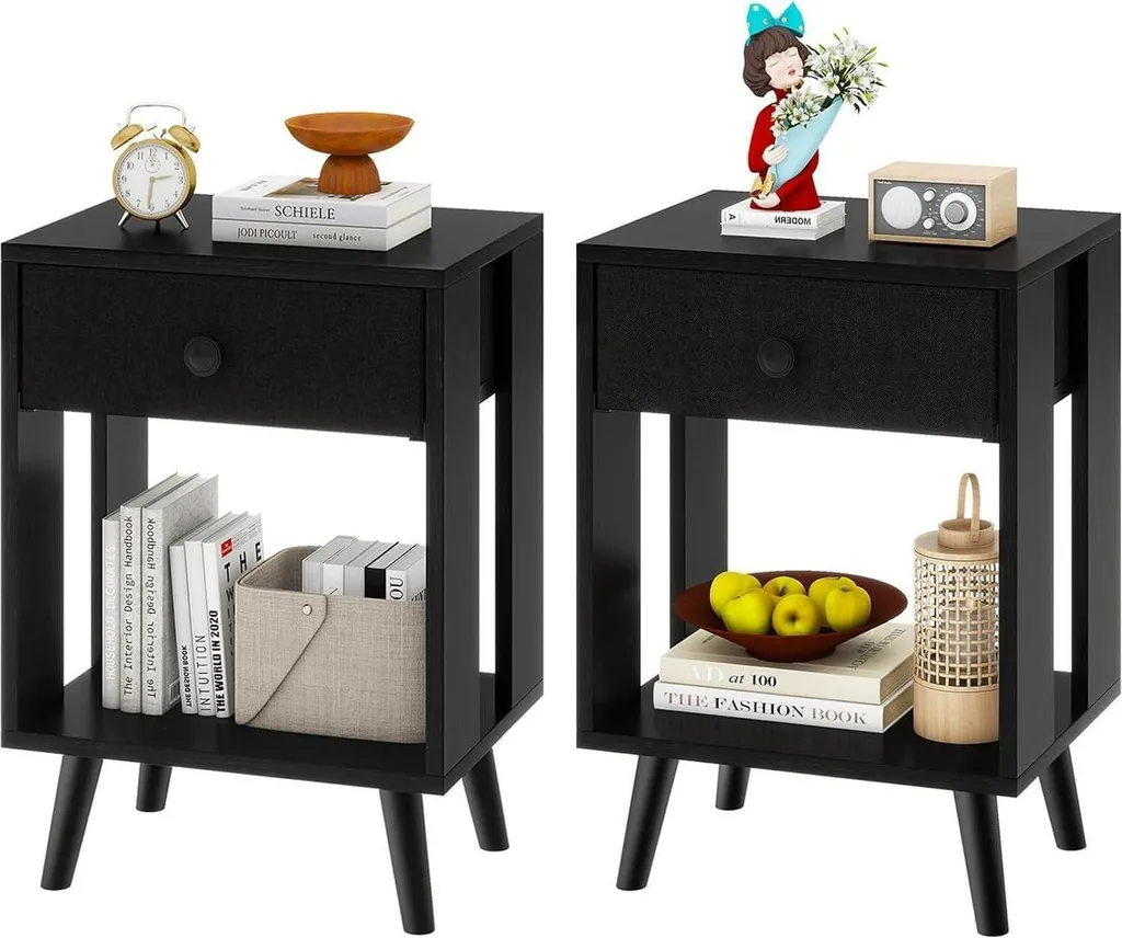 Table de nuit Lot de 2 tiroirs en tissu noir YMYNY bois massif chic