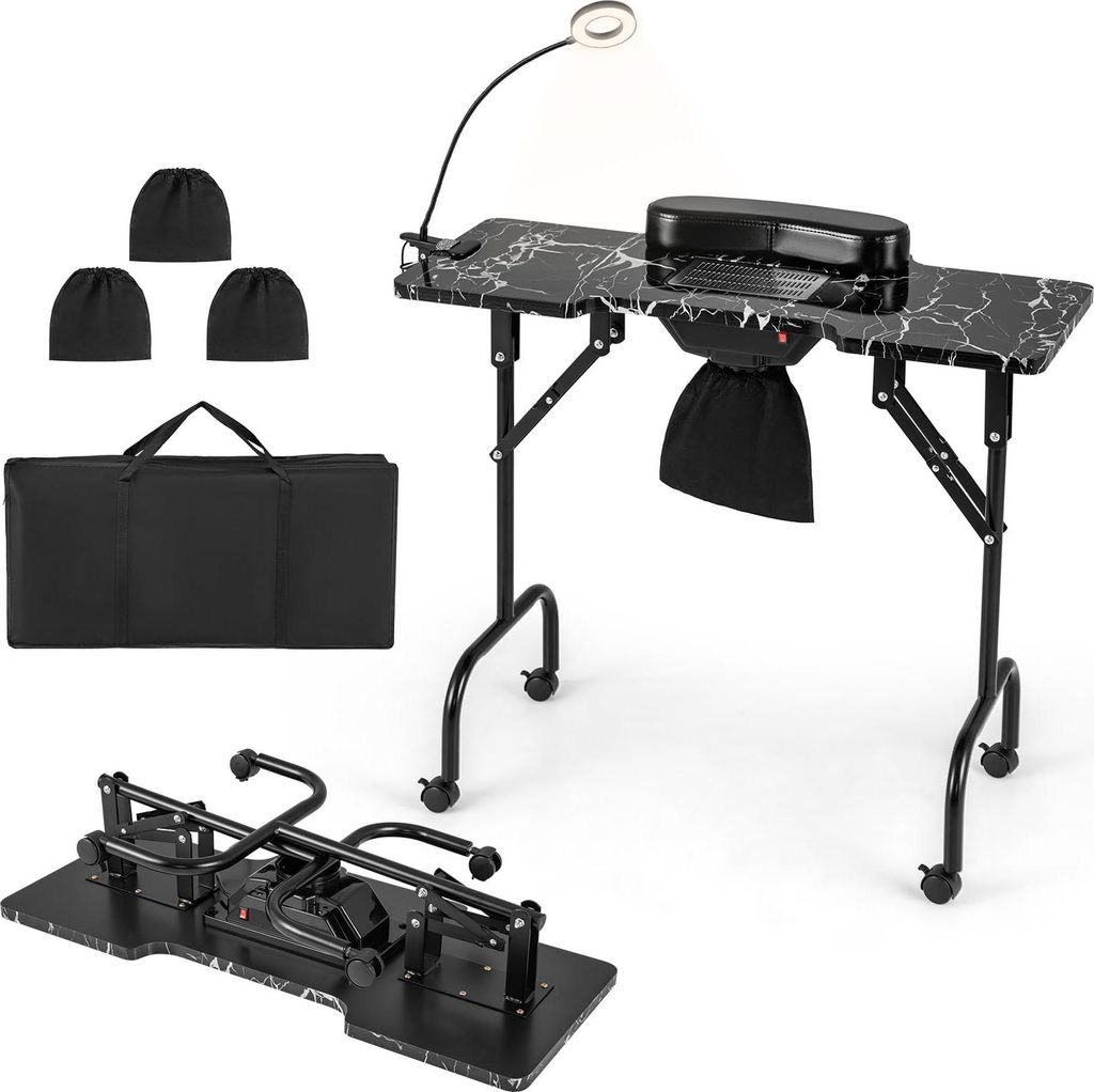 GOPLUS Maniküretisch faltbar, Nageltisch mit Absaugung, LED-Lampe, Tragetasche, tragbarer Maniküretisch Schreibtisch auf Rädern für Nagelstudio