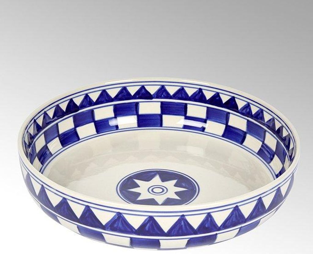 Küchenkaro Schale Keramik, handgemalt creme/blau, D 28 cm, Produktbild 