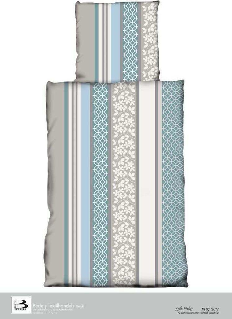 Bertels Fleece Bettwäsche Lola Streifen Floral Microfaser Reißverschluss Bettbezug Kissenbezug Bettgarnitur Bettwäsche-Set 135x200 cm Türkis