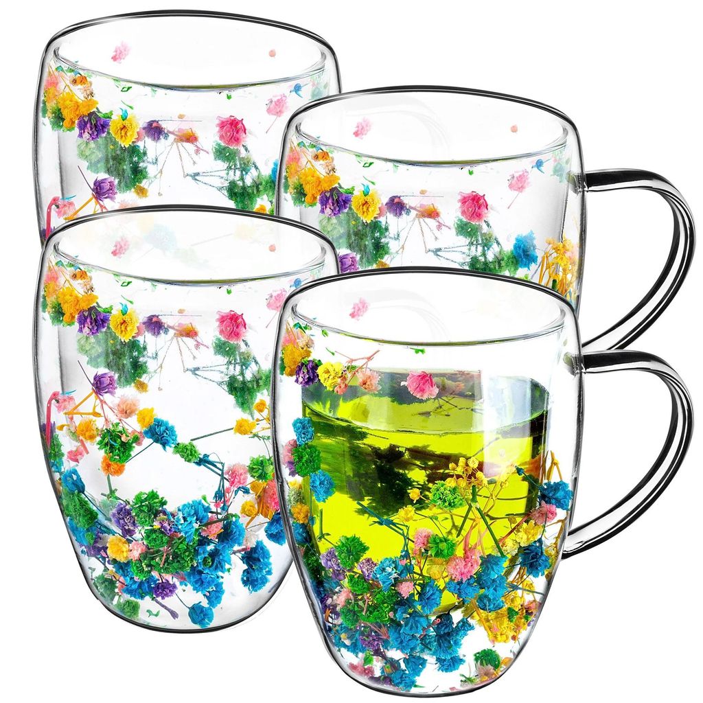 Teegläser und Kaffeegläser - Thermogläser - 350 ml - 4er Set - Glas - Blumenmotiv - Isolierend
