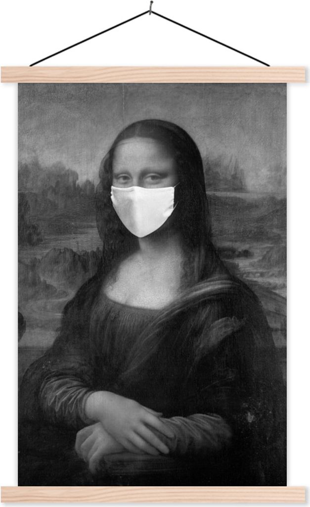 MuchoWow Textilposter Mona Lisa mit weißer Mundhaube - Gemälde von Leonardo da Vinci - schwarz-weiß 120x180 cm mit holzfarbenen Rahmen - Texti...