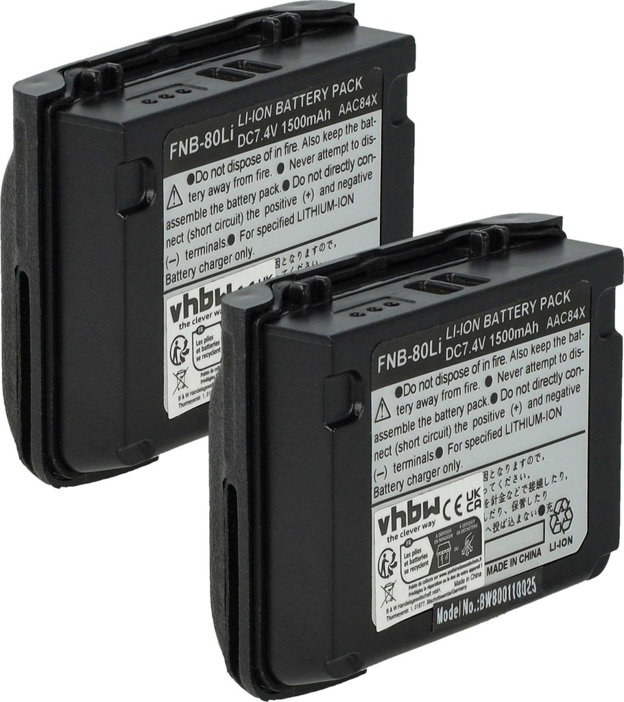 vhbw 2x Akku kompatibel mit Vertex Yaesu VX-7R, VX-5R, VX7R, VX5R Funkgerät, Walkie Talkie (1500 mAh, 7,4 V, Li-Ion)