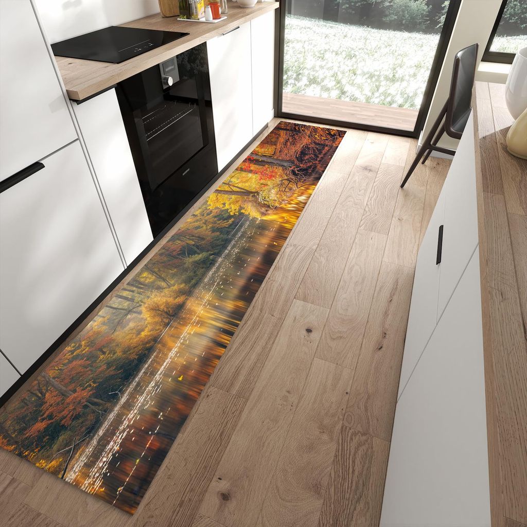 Küchenteppich 60x300cm rutschfest & abwischbar PVC Läufer - Herbstwald See