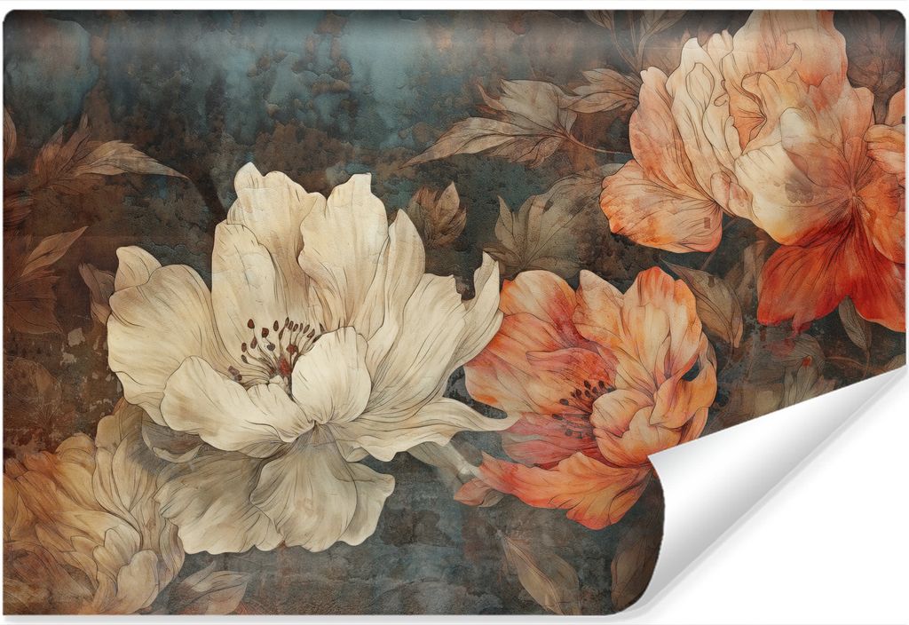 Muralo Selbstklebende Fototapete BLUMEN Blätter Pflanzen Retro Stil 152.5 cm x 104 cm