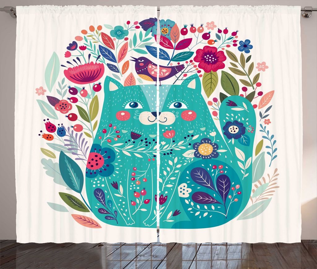 ABAKUHAUS Katze Rustikaler Vorhang, Kitty mit Blumen und Vogel, Wohnzimmer Universalband Gardinen mit Schlaufen und Haken, 280 x 175 cm, Seafoam Me...