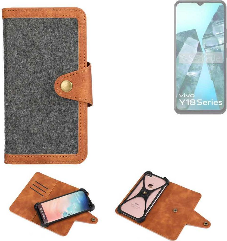 K-S-Trade Schutzhülle Handyhülle kompatibel mit Vivo Y18i Filz Hülle Kunst-Leder dunkelgrau braun (1x)