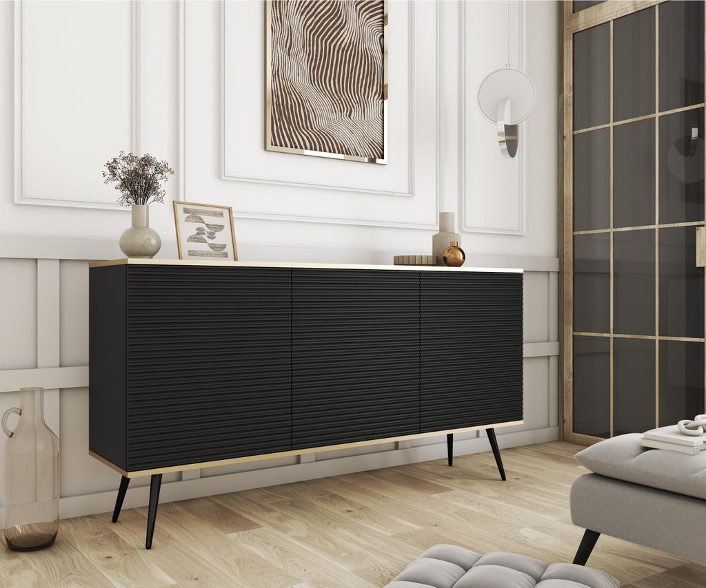 3-türig Kommode Gloss im glamour Stil Sideboard mit gerilltem Fronten Schrank mit Regalen 160 cm Breit modern Sideboard mit Schwarzenen Zusätzen,...