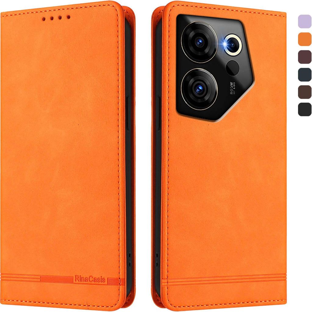 Hülle für Tecno Camon 20 Premier, Retro Kunstleder Ständer Klapphülle mit Kartenfächer und Magnetische Orange