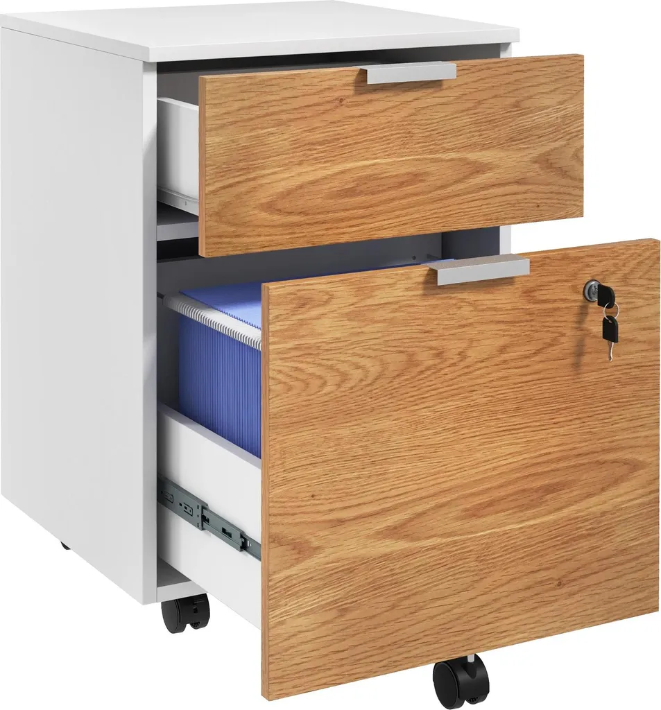 Petit meuble de bureau 2 tiroirs en mélamine blanc naturel à roulettes