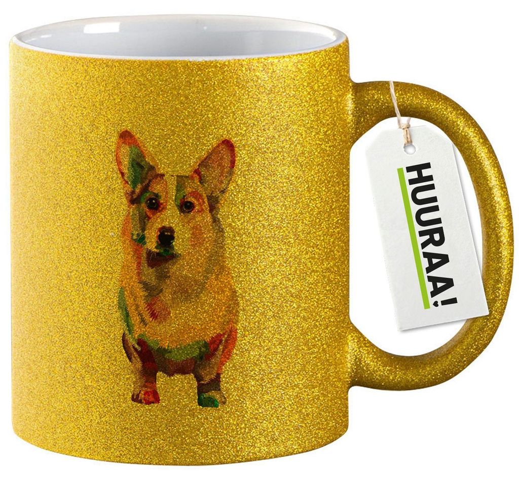 Huuraa Glitzertasse Corgi Colorful 330ml Gold Keramik Kaffeebecher Geschenkidee