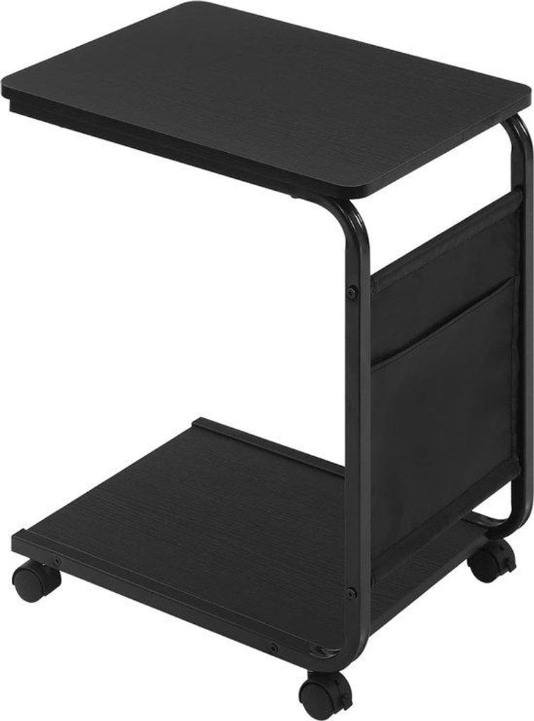 Salontafel C-vorm, 2 planken, 1 zijvak, opbergruimte, woonkamertafel, op wielen, voor bed, bank, 50 x 62 x 35 cm, metallisch, schwarz