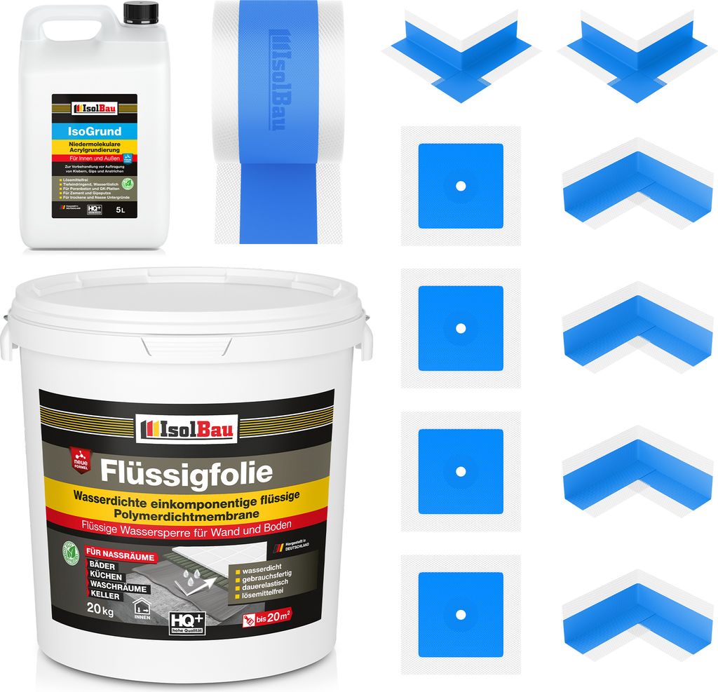 Isolbau Dicht-Set - Inkl. 1x Flüssigfolie (20 kg), 1x Isogrund (5 L), 1x Dichtband (20 m), 4x Innenecken, 2x Außenecken & 4x Manschetten