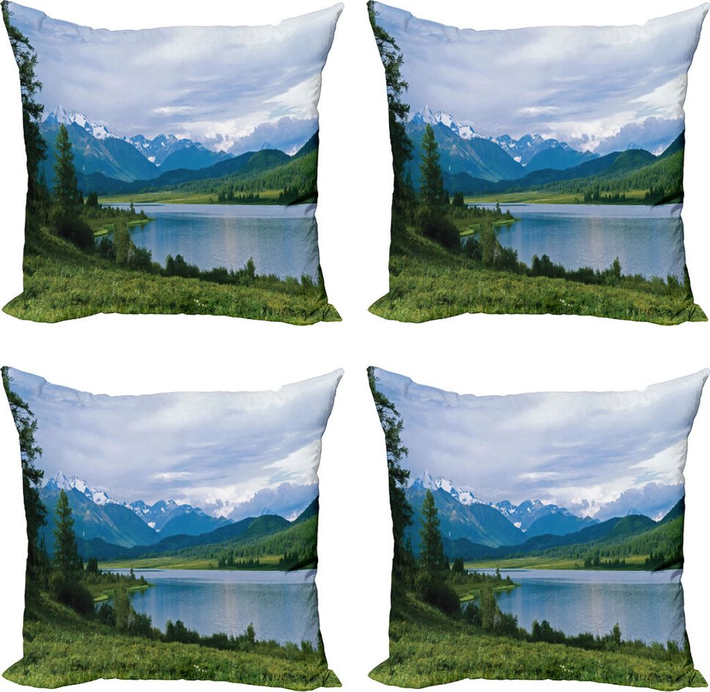 ABAKUHAUS Natur Kissenbezug Set (4 Stück), Snowy Belukha Peaks, Moderner Doppelseitiger Digitaldruck, 45 cm x 45 cm, Farn-Grün Blassblau