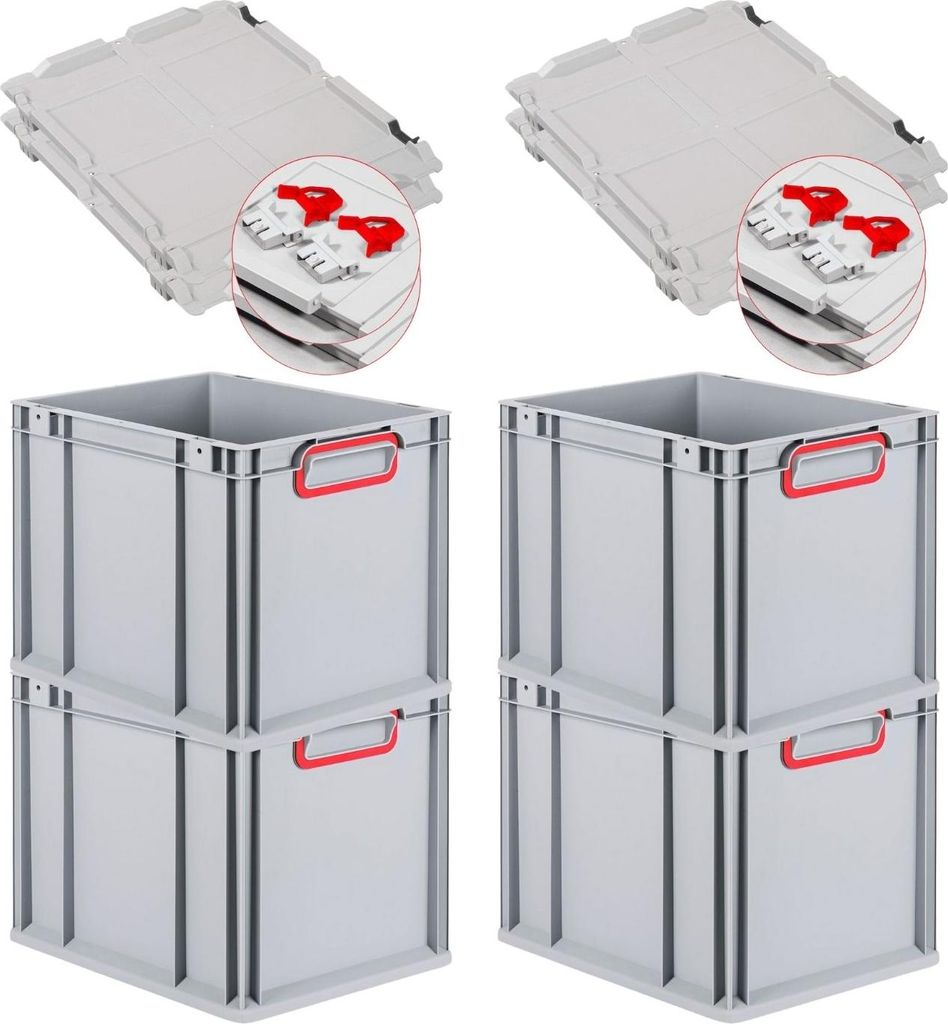 SuperSparSet 4x Eurobox NextGen Color mit Scharnierdeckel und Schiebeschnappverschlüssen | HxBxT 32x30x40cm | 30 Liter | Griffe rot geschlossen | ...