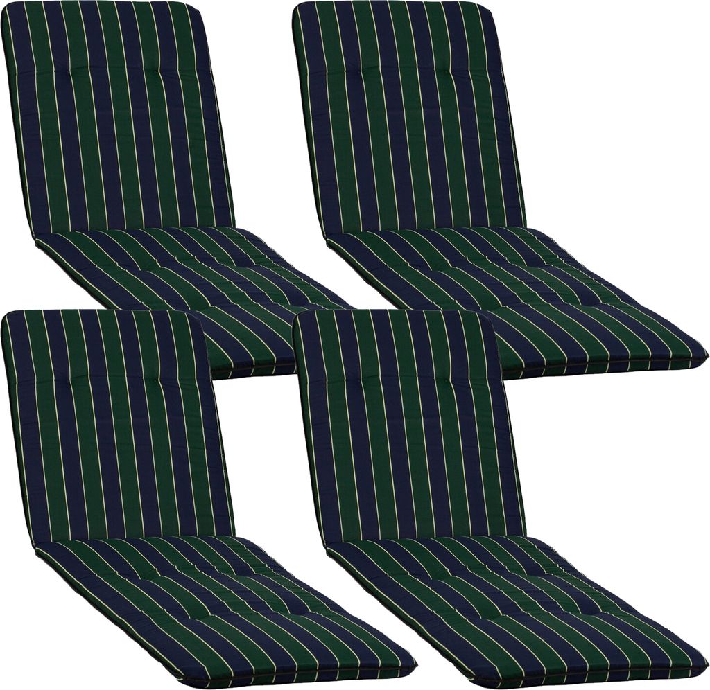 NYVI Liegenauflagen Hawaii 4er Set - 193x60 cm Blau Dunkelgrün Gestreift - Gartenmöbel Auflage mit 5 cm Polster und Gummi-Halteband