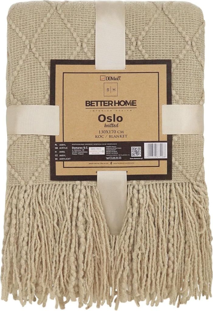 Domarex Luxus Akryl Strickdecke mit Fransen 130x170 cm – Ideal für Terrasse, Garten und Zuhause – Beige