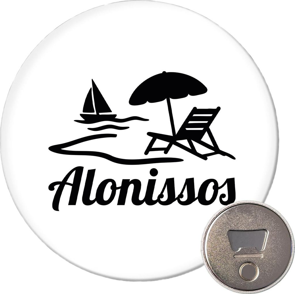 Huuraa Magnet Alonissos Inselmotiv Griechenland 59mm Kühlschrankmagnet rund Flaschenöffner Geschenkidee