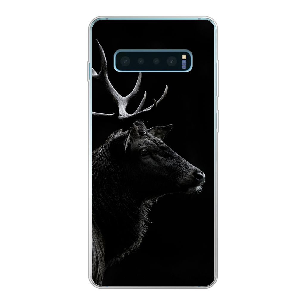 MuchoWow Handyhülle Schutzhülle Hülle für Samsung Galaxy S10 Plus Hirsch - Schwarz - Porträt - Geweih - Tiere Silikon Softcase Handy Hülle ...