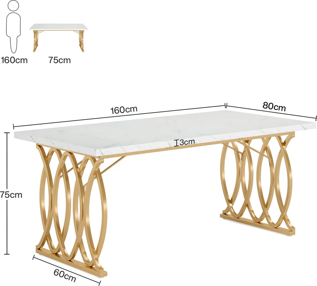 Table salon rectangulaire blanche et or 160 x 80 cm, design chic - 4