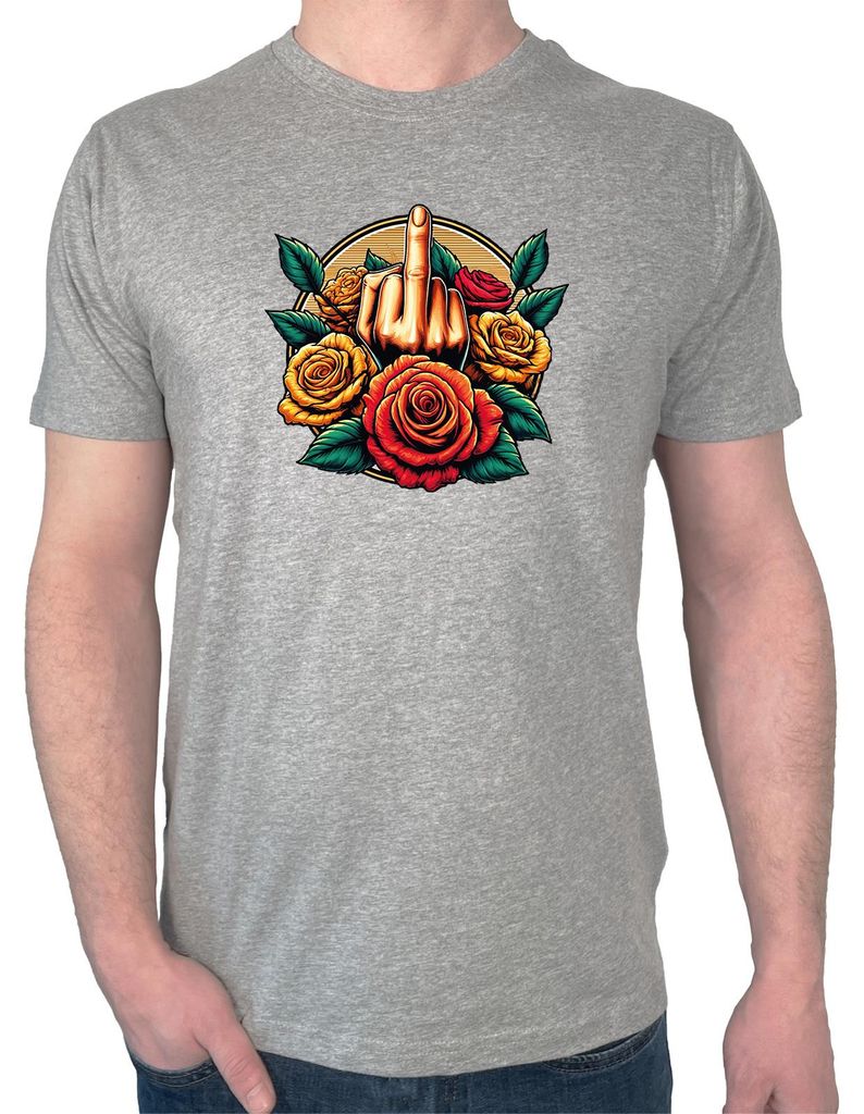 Huuraa Herren T-Shirt Mittelfinger Rosen 3XL Sport Grey Bio Baumwolle Fairtrade Herrenshirt Geschenkidee