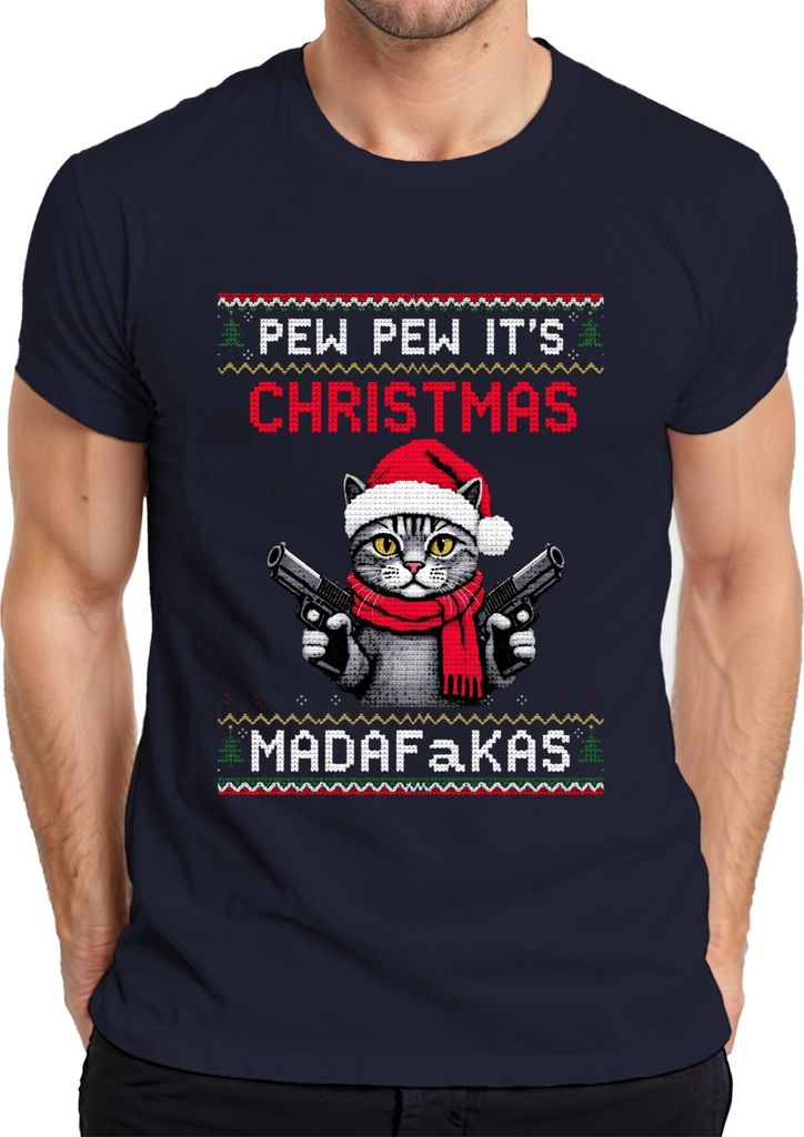Pew Pew It's Christmas Madafakas Katze Pistolen Weihnachten Herren T-Shirt, Navy, 3XL