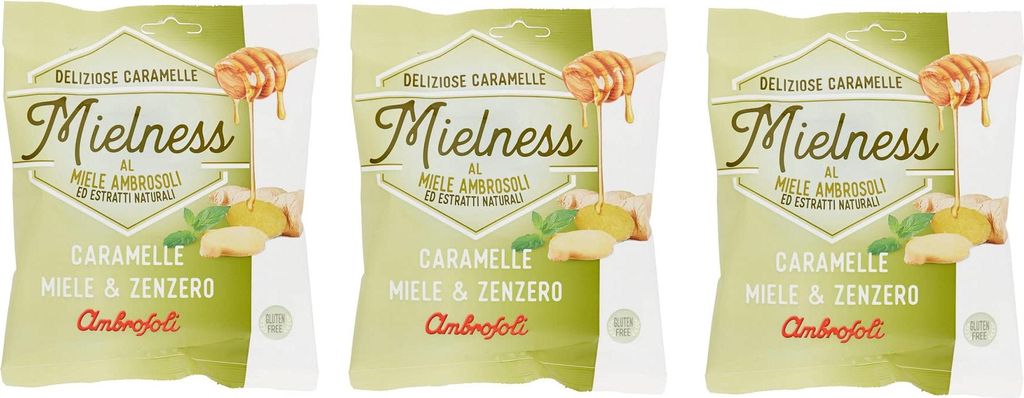 3x Ambrosoli Mielness Miele&Zenzero Honigbonbons mit Ingwer Beutel mit 90g Süßigkeiten bonbons