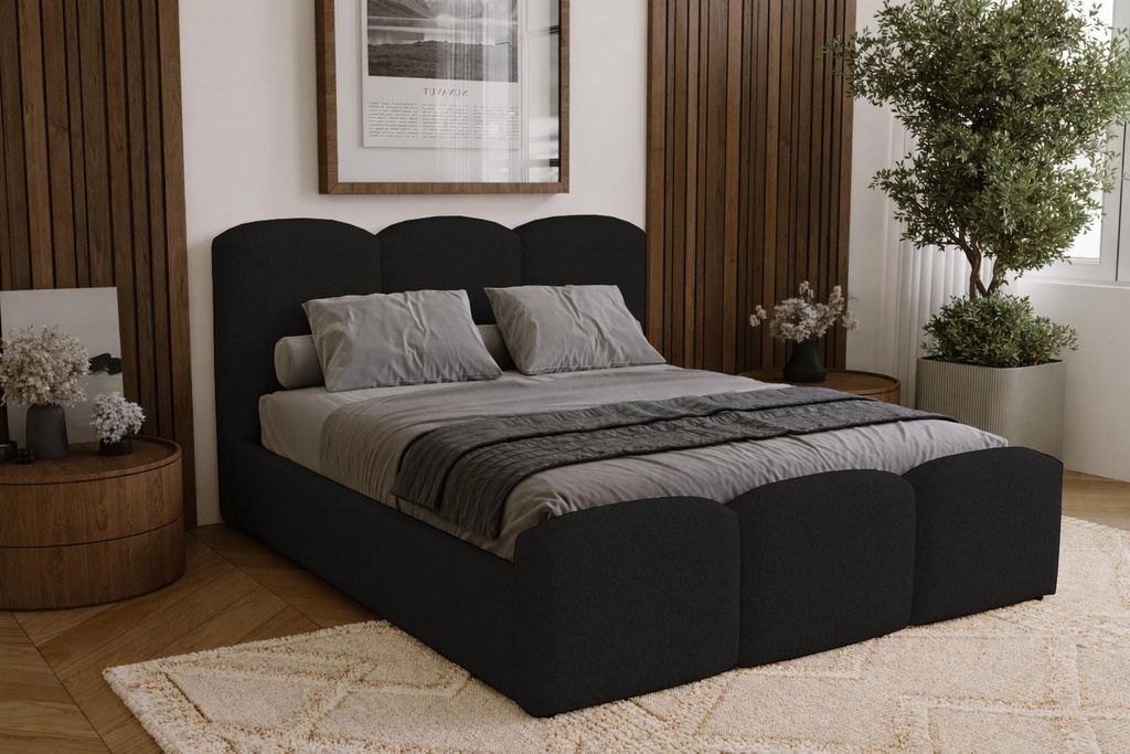 Doppelbett 200x200 cm Capri mit Bettkasten - Schlafzimmerbett, Metall-Lattenrost, Bouclé Schwarz (Lambi 13)