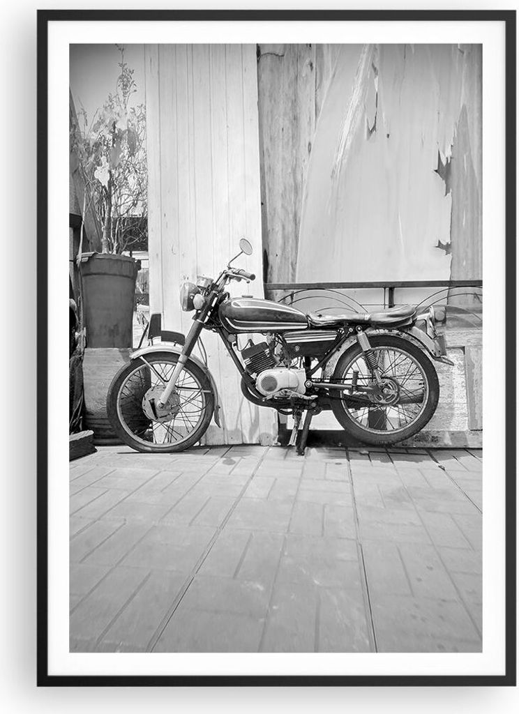 Gerahmtes Poster - Schwarzer Rahmen - Alt Motorrad Schwarz und Weiß - 70x100 cm - Wand Bild - Wanddeko - Wandbilder - Kunstposter - Wandposter - B...