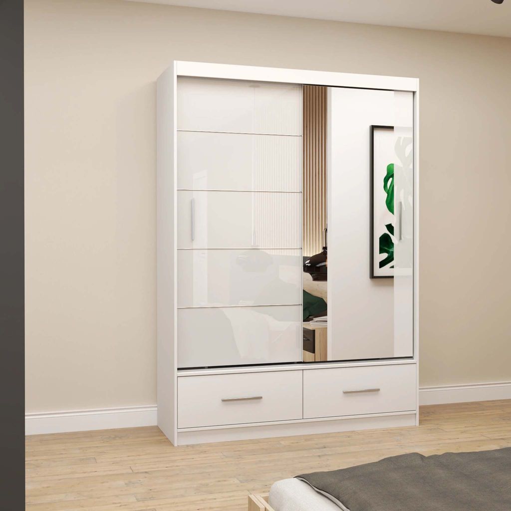 Schwebetürenschrank Kleiderschrank 150 cm Weiß/Weiß semigloss mit Spiegel Florence