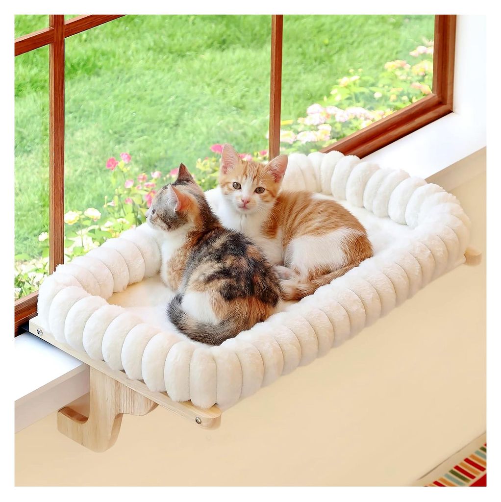 Katzen-Fensterstange mit 4-seitiger Nackenrolle, orthopädische Katzenhängematte für Fensterbank, massives Hartholz und Metallrahmen, Fenstersitz...