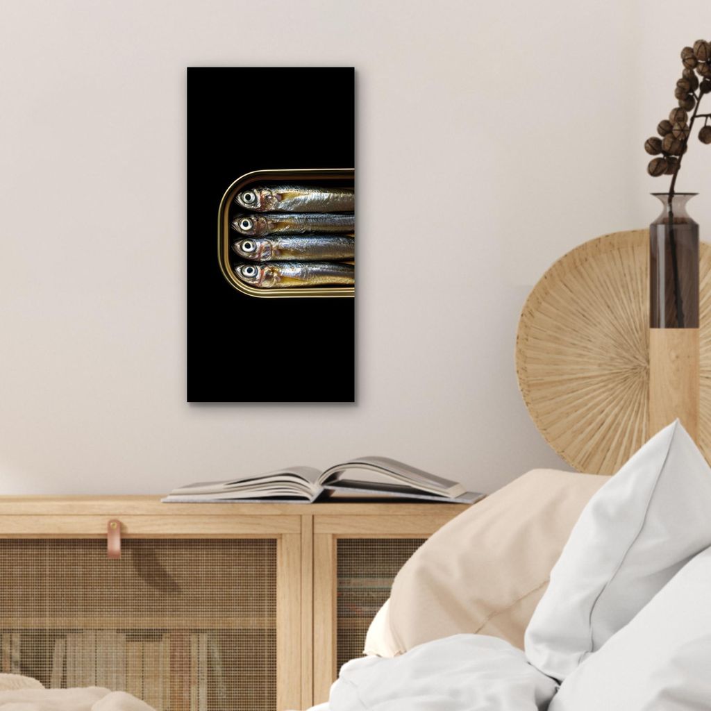 MuchoWow Wanddekoration Metall Metallbild Wandkunst 20x40 cm Sardinen - Dose - Schwarz - Fisch MuchoWow Aluminium Gemälde - Aluminium Gemäldes