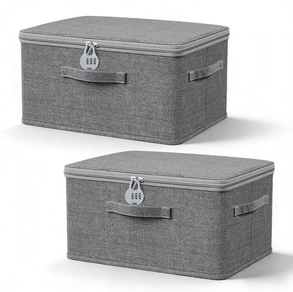 Abschließbare Aufbewahrungsbox, 2er-Set mit Deckel, Stoff, 32 × 24 × 18 cm, faltbare Stoffbox mit Schloss, abschließbare Boxen, stapelbarer Sch...