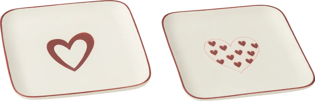 Service de 2 Assiettes Plates en Porcelaine Décor Cœurs Rouges J-Line