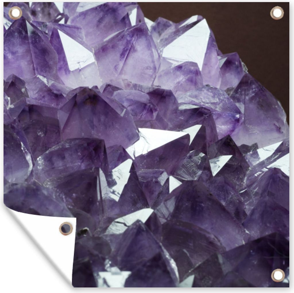 MuchoWow 100x100 cm Outdoor-Poster Gartendeko Sichtschutz Garten Poster für den Garten Nahaufnahme eines Amethysten auf dunklem Hintergrund