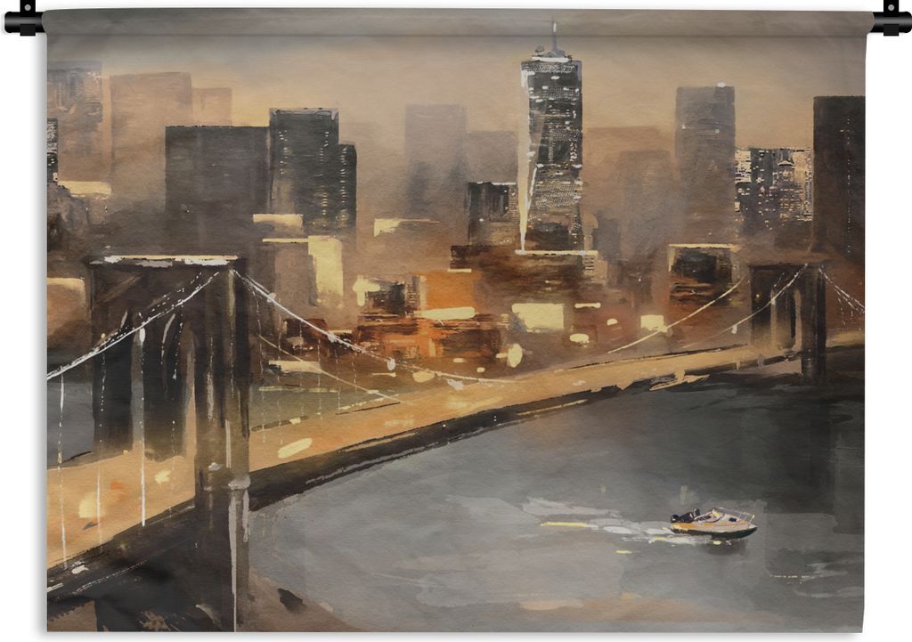 MuchoWow Wandteppich Wandbehang Gemälde - Öl - Skyline - Stadt - Wasser 150x112.50 cm Tapisserie Dekoration Wandtuch - Wanddecke - Wandteppiche