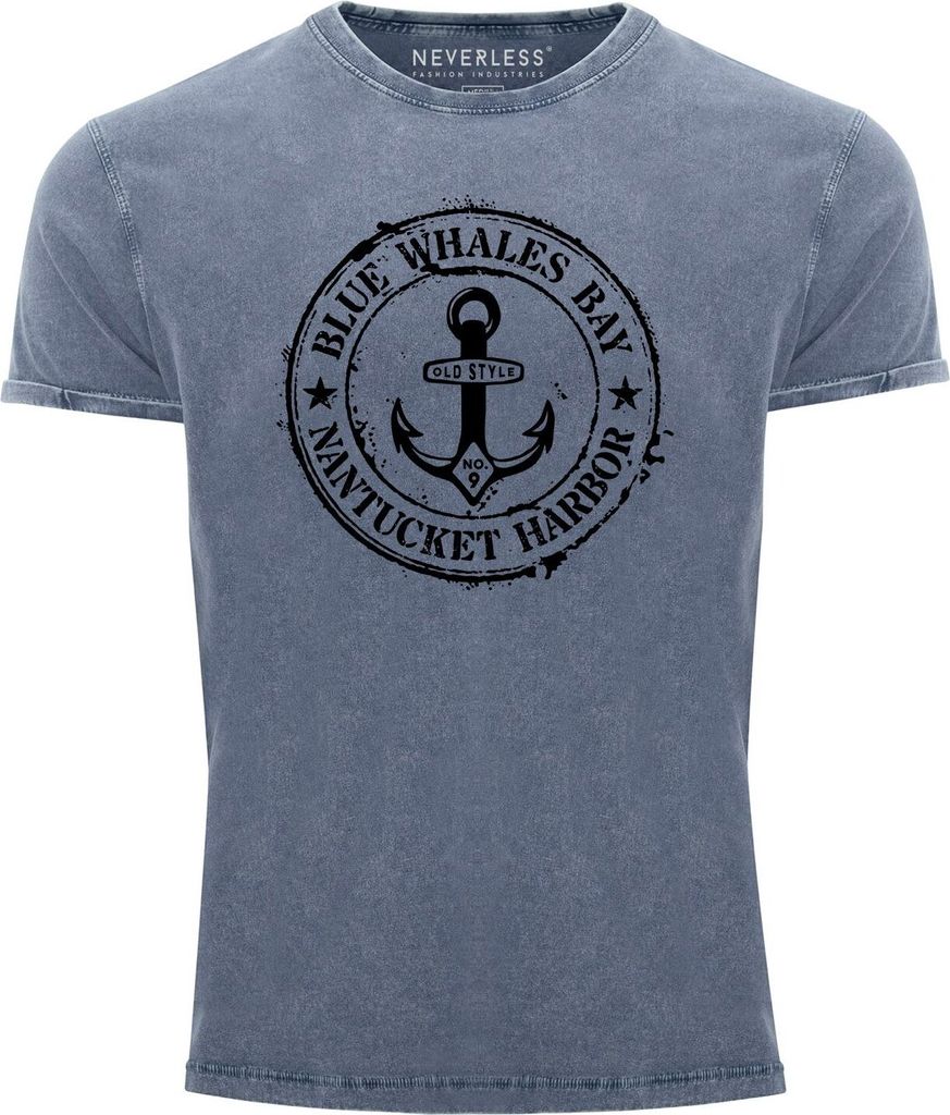 Herren Vintage Shirt Anker Motiv maritim Retro Anchor Badge Vintage Printshirt Used Look Slim Fit Neverless blau/schwarz XL