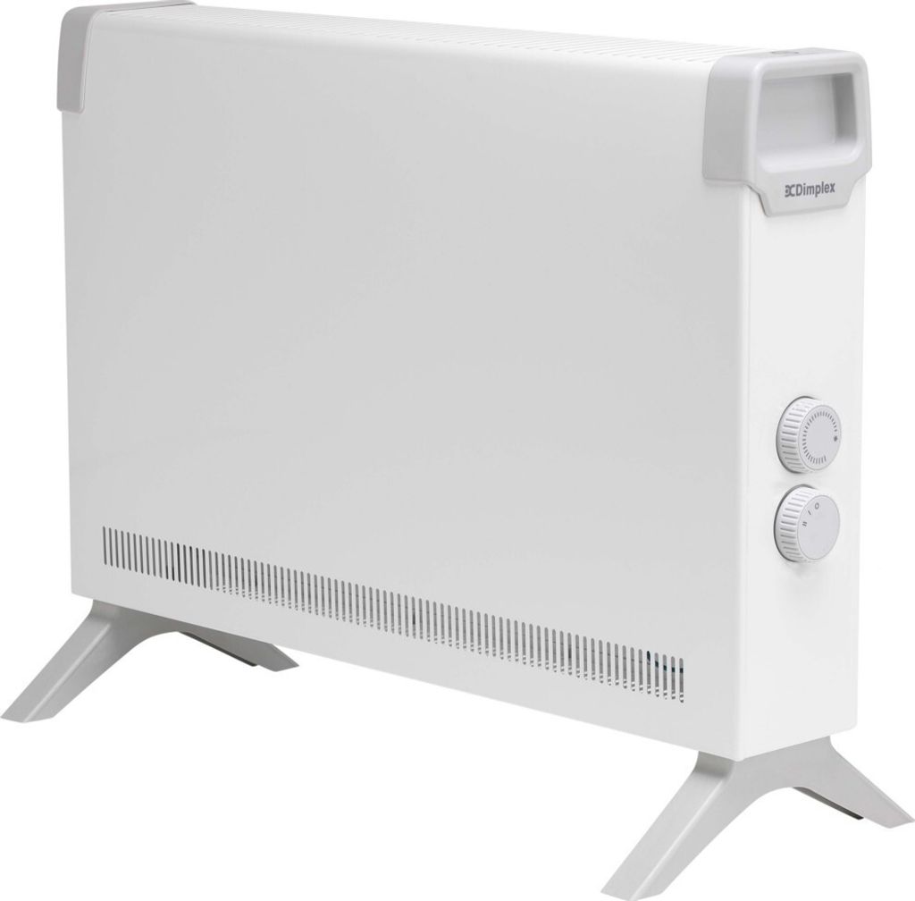A white electric heater with gray accents and feet, shown against a white background.