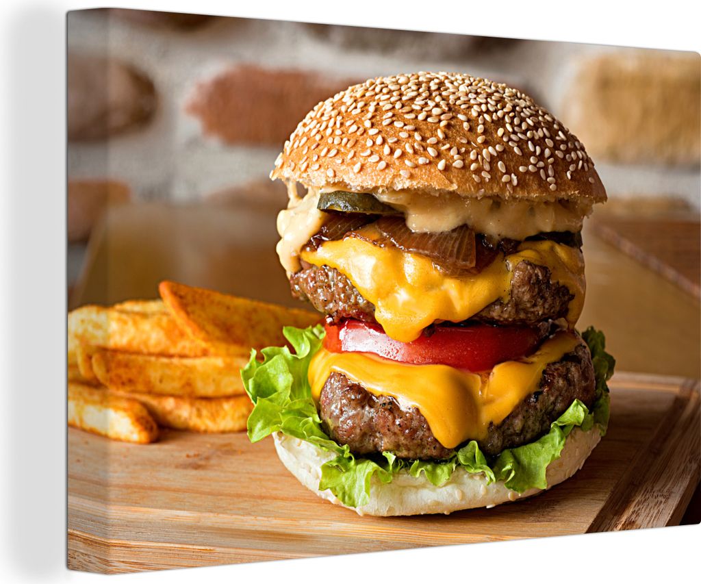 OneMillionCanvasses - Leinwandbilder - 140x90 cm, Fastfood-Burger mit Pommes frites, Wandbilder Kunstdruck Wanddekoration