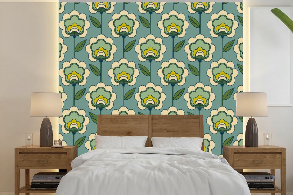 MuchoWow Fototapete für Wohnzimmer oder Schlafzimmer Wandtapete Vinyl Motivtapete Retro - Design - 1970er Jahre - Blume - 220x220 cm - Tapeten