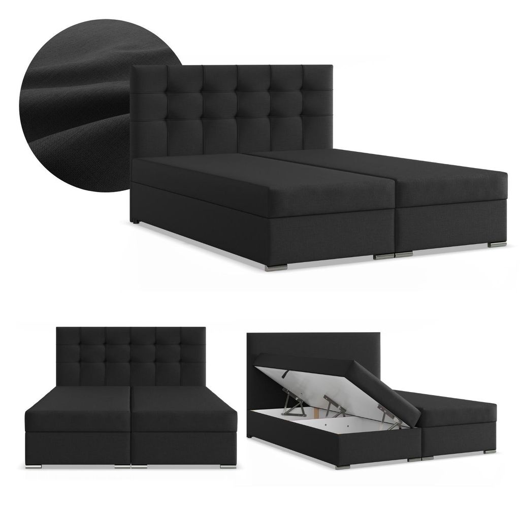 Boxspringbett 140x200 mit 2 Bettkästen, Kontinentales Bett mit Bonell Matratze, Polsterbett, Doppelbett mit Kopfteil, Geflecht Schwarz, ELDA 140 x...