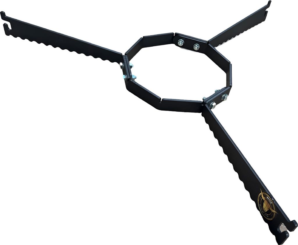 A black metal stand with three legs, designed to hold a round object.