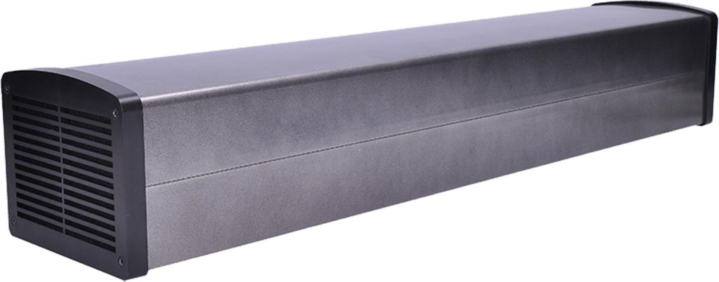 A long, rectangular, metallic device with black end caps, one of which has ventilation slits.