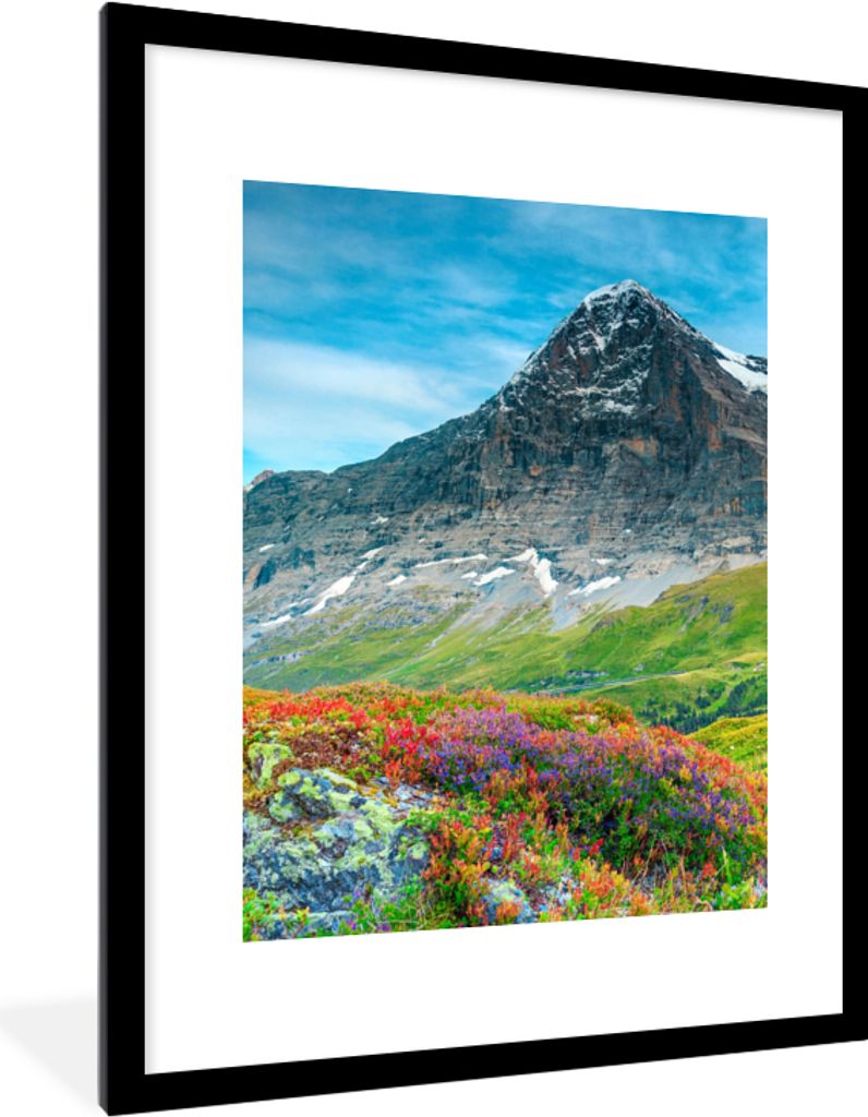 MuchoWow Gerahmtes Poster Blumen - Berge - Schnee - Landschaft 60x80 cm - Poster mit Schwarzem Bilderrahmen Wandposter Rahmen Foto Bilder - Wohnz...