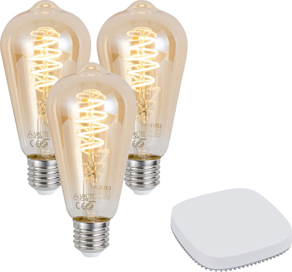 QAZQA 3er-Set smarte E27 dimmbare LED-Glühbirne ST64 4,9W 320 lm 2500K inkl. Zigbee Smart Hub