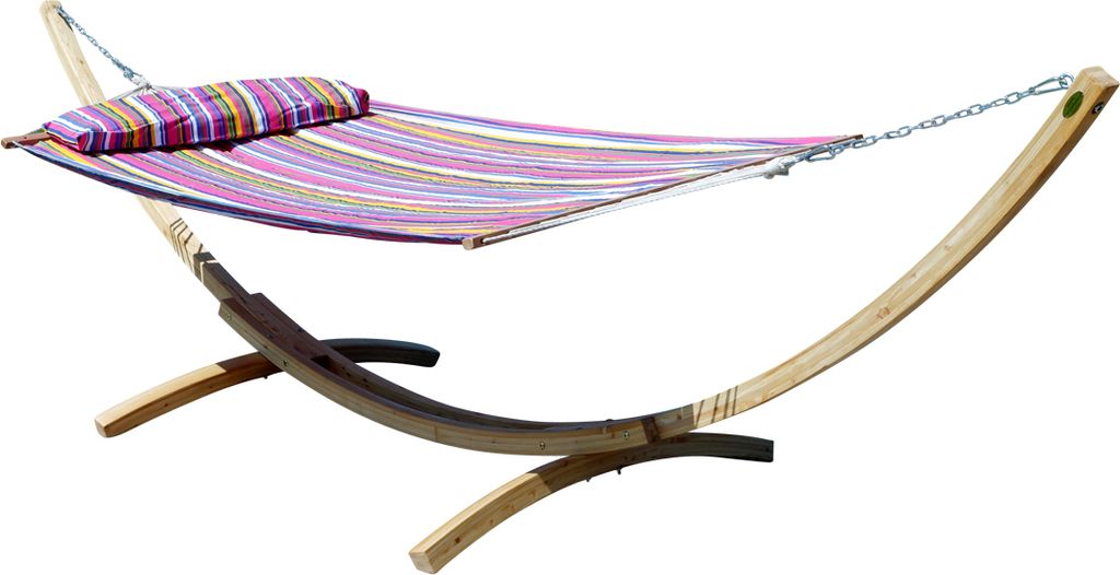 ALEOS. 400cm XXL Hängemattengestell Gestell aus Holz Lärche hell mit Stab Hängematte gefüttert mit Kopfkissen Pink 120x200 cm