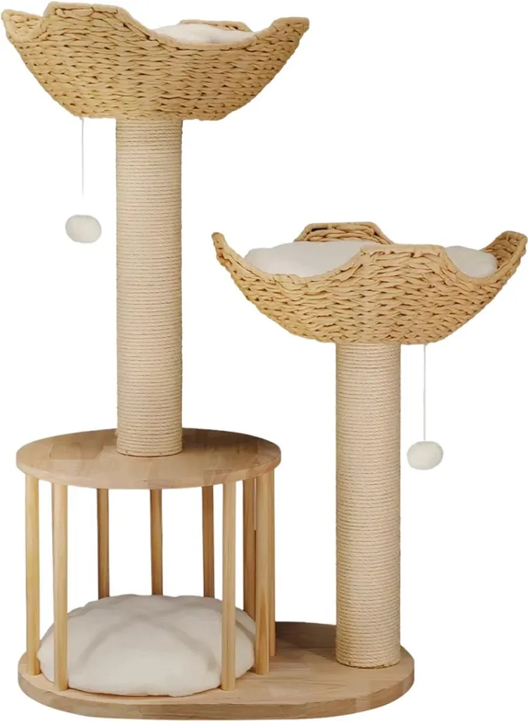 Arbre à chat Woody 99cm robuste en bois massif avec jouet suspendu
