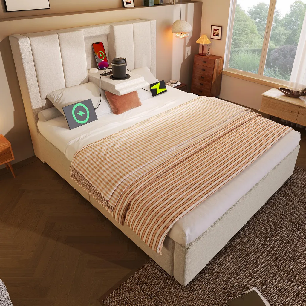 Lit Coffre 90x200 Beige : Solution de Rangement et Recharge USB Directe - 3